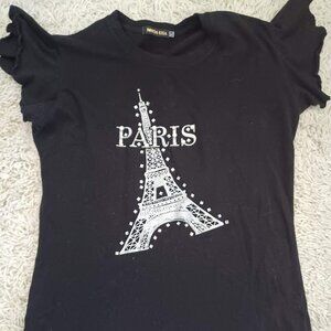 Moda USA - Paris Eifel Tower Black Embleiised Rhinestone Pearl Women T-Shirt XL